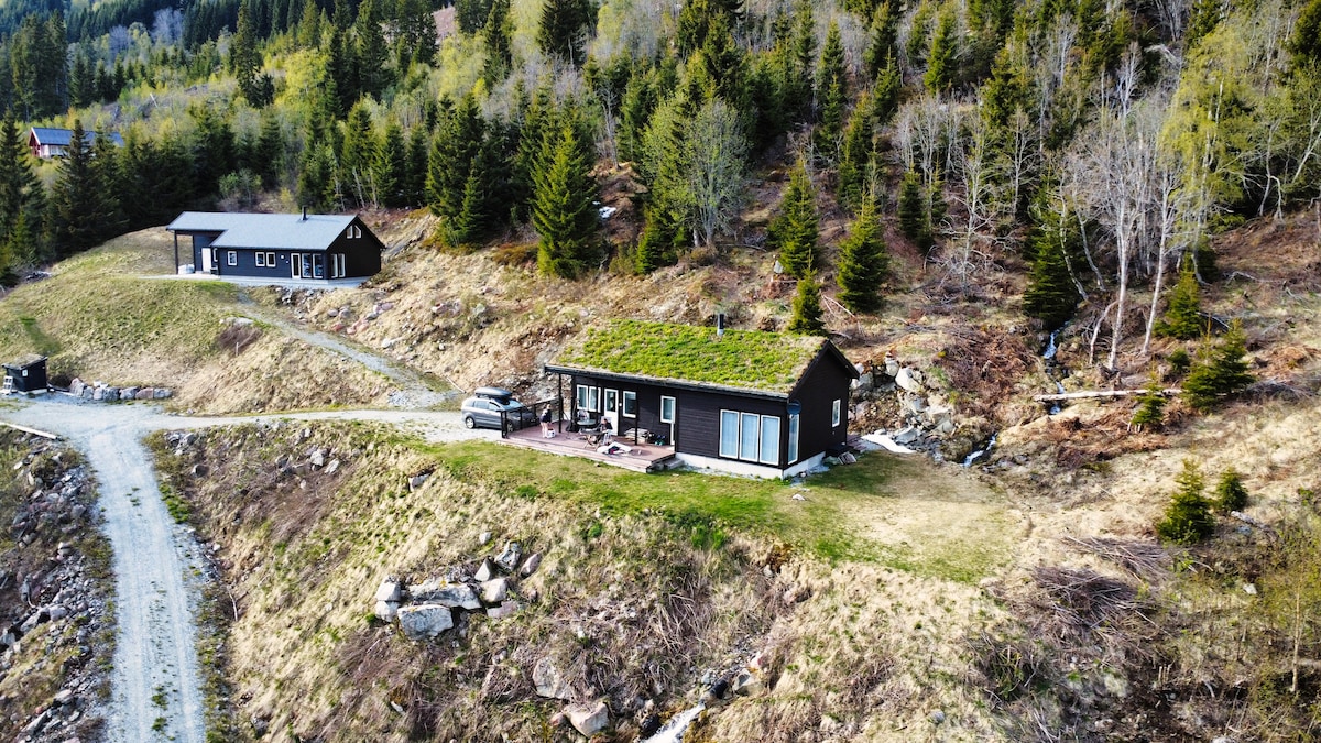 A modern cabin with a green roof is situated on a sloping landscape, surrounded by trees and rocks. A spacious deck is visible, along with a parked car and a neighboring structure in the distance. The area reflects a natural, rustic setting.