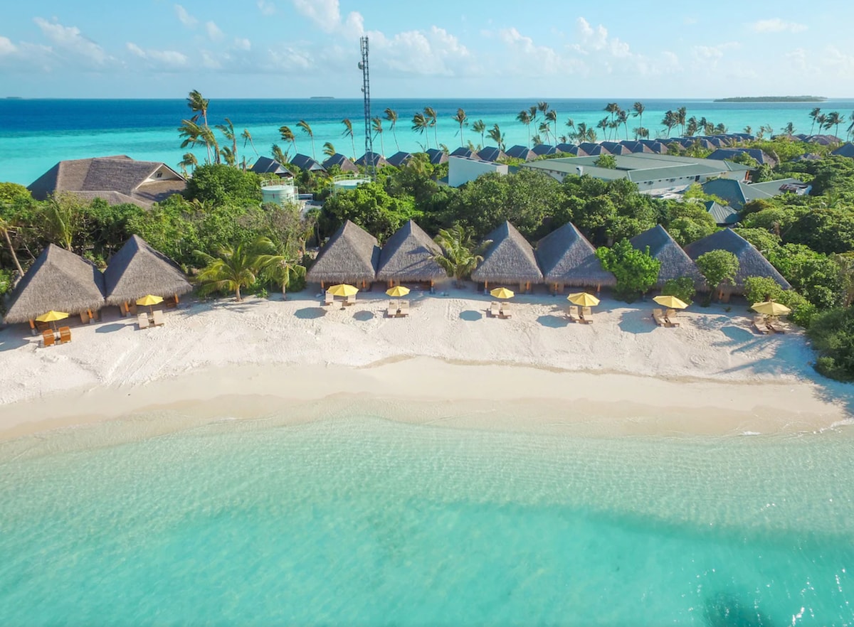 A sandy beach stretches out beside calm turquoise waters, dotted with sun umbrellas and palm trees. Thatched-roof cabanas are arranged along the shore, providing shaded spots for relaxation. The distant horizon blends seamlessly with the clear blue sky, creating a serene coastal landscape.
