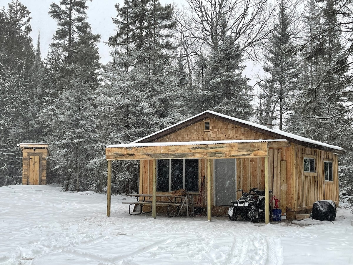 A rustic cabin made of wood is surrounded by snow-covered trees, showcasing a covered porch with outdoor seating. A nearby outhouse is visible, blending with the natural environment. The scene captures a serene winter landscape, with gentle snowfall adding to the tranquil atmosphere.