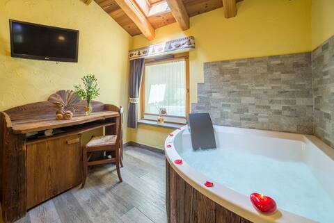 bedroom with corner whirlpool