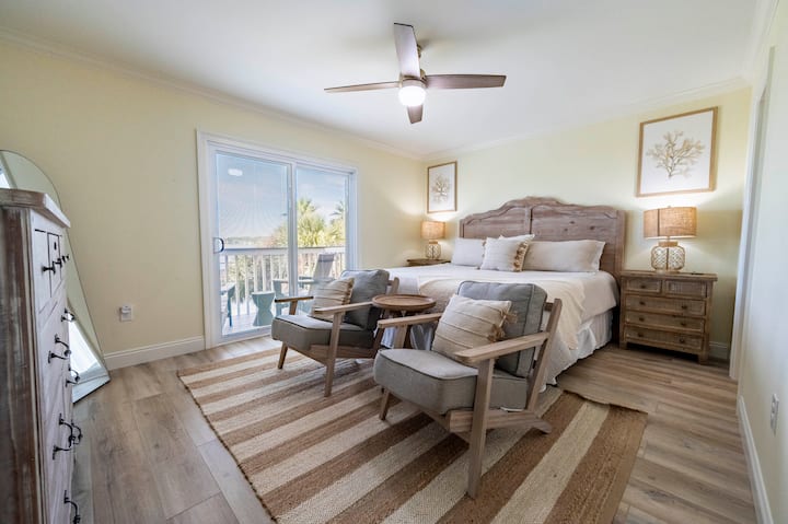 جناح رئيسي واسع في الطابق العلوي مع سرير كينج ومفروشات خشبية دافئة وألوان محايدة ناعمة. تفتح على شرفة تطل على البحيرة الصغيرة، مع مقاعد للحظات هادئة وهواء ساحلي منعش.