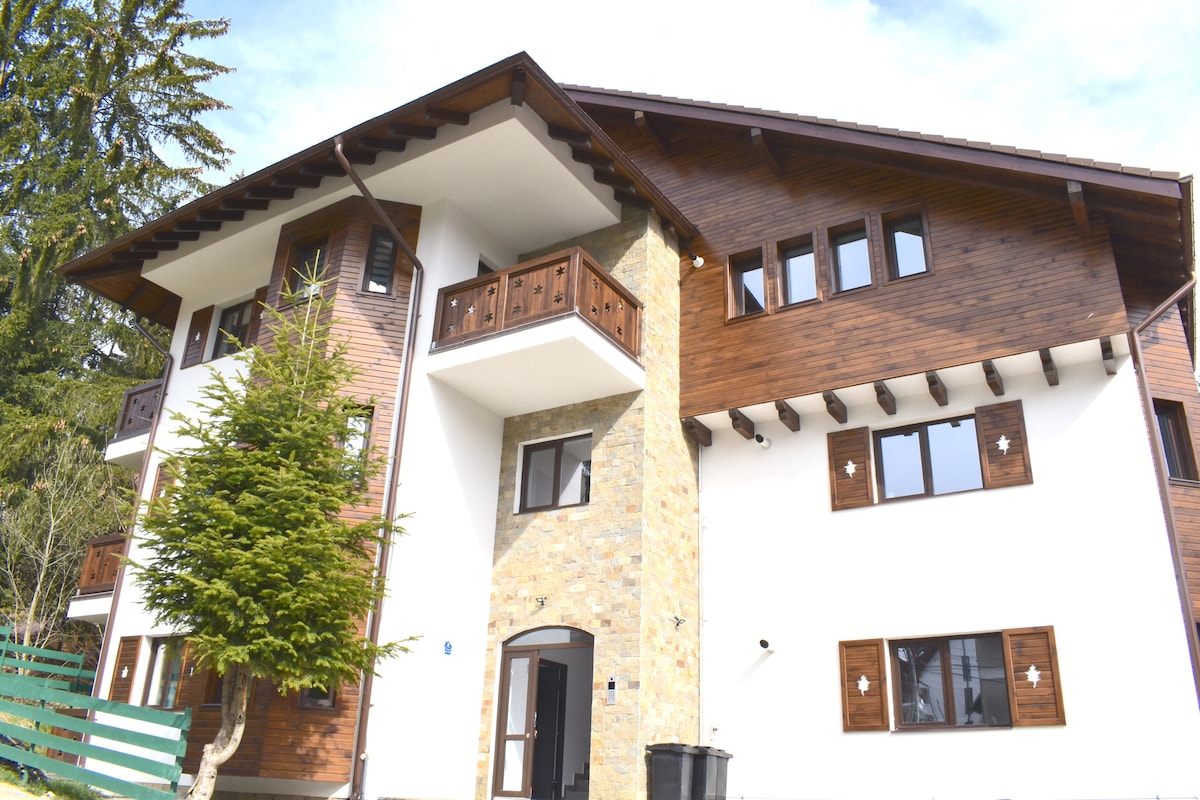 The exterior of the building features a blend of natural stone and wood, creating a harmonious look. Several balconies and large windows enhance the structure's design. A tall evergreen tree is positioned in front, complementing the overall aesthetic.