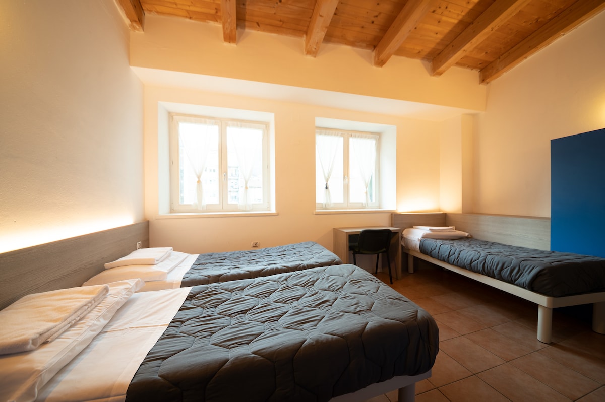 A spacious room is furnished with three separate sleeping areas, featuring a combination of single and bunk beds. Natural light enters through two windows, illuminating the light-colored walls and wooden ceiling. A simple chair is positioned against the wall, complementing the minimalist decor.