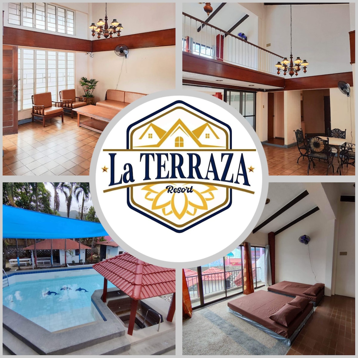 An open living area is showcased, featuring a spacious seating arrangement with sofas and a coffee table. Bright natural light flows through large windows, illuminating the space. A dining area with elegant chairs is visible, while a pool area can be glimpsed through glass doors.
