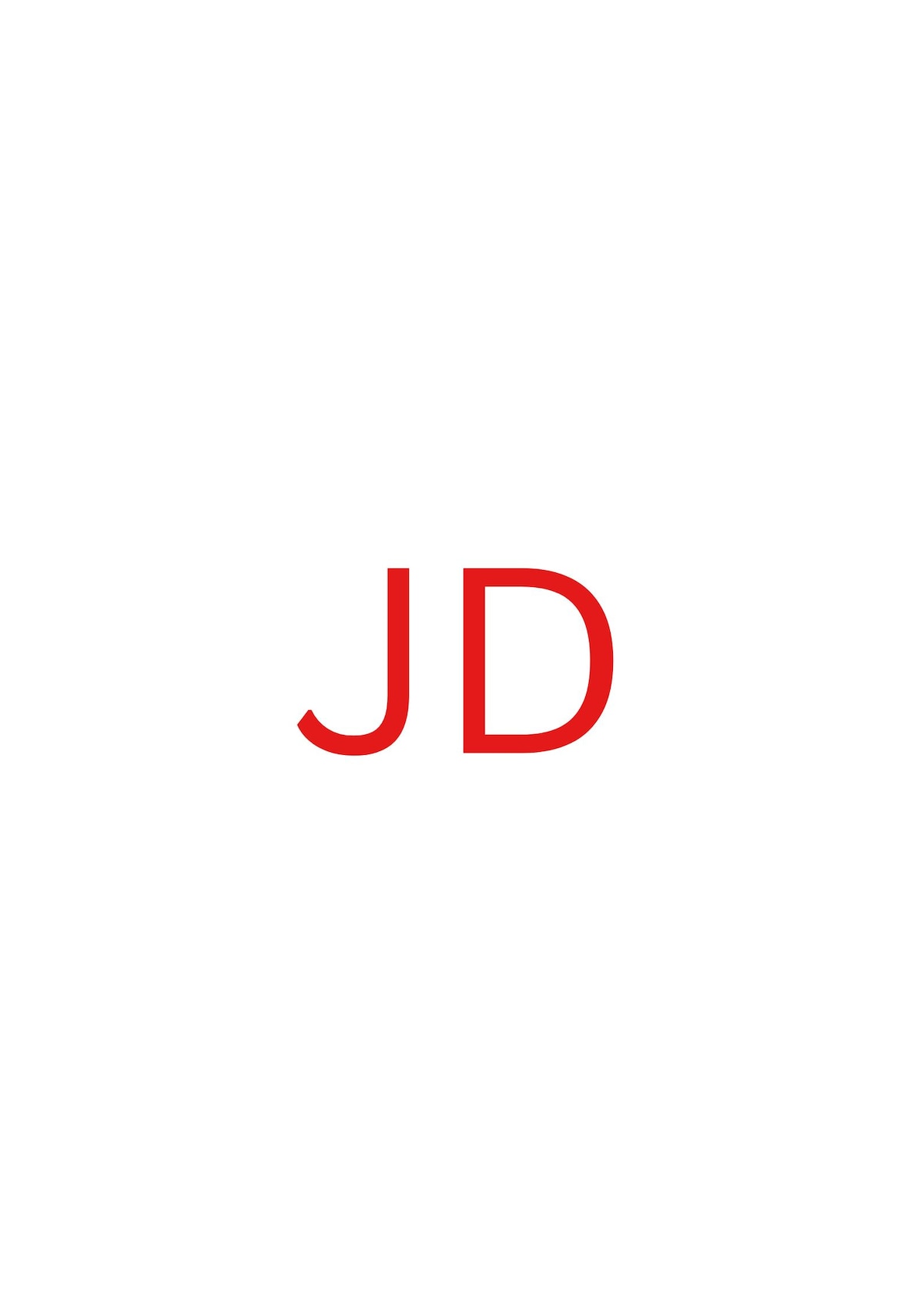 The image features a minimalistic design with two bold red letters 'JD' prominently displayed against a white background. The simple yet striking contrast emphasizes the letters, creating a modern aesthetic.