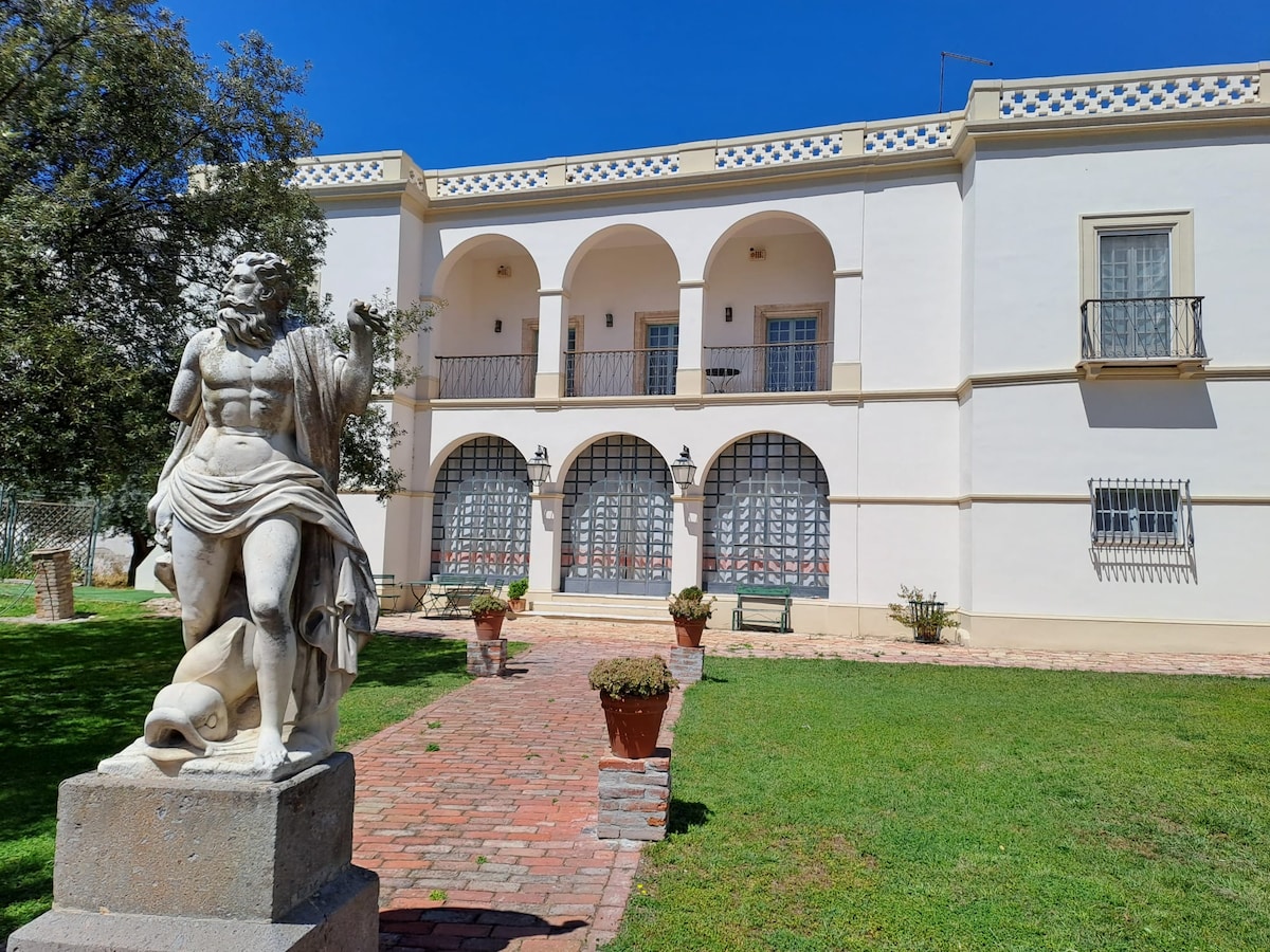The image features a beautifully maintained exterior of a villa, showcasing arched windows with decorative grills and a central statue. The well-kept lawn is framed by potted plants, and the clear blue sky provides a striking backdrop, enhancing the villa's architectural details.
