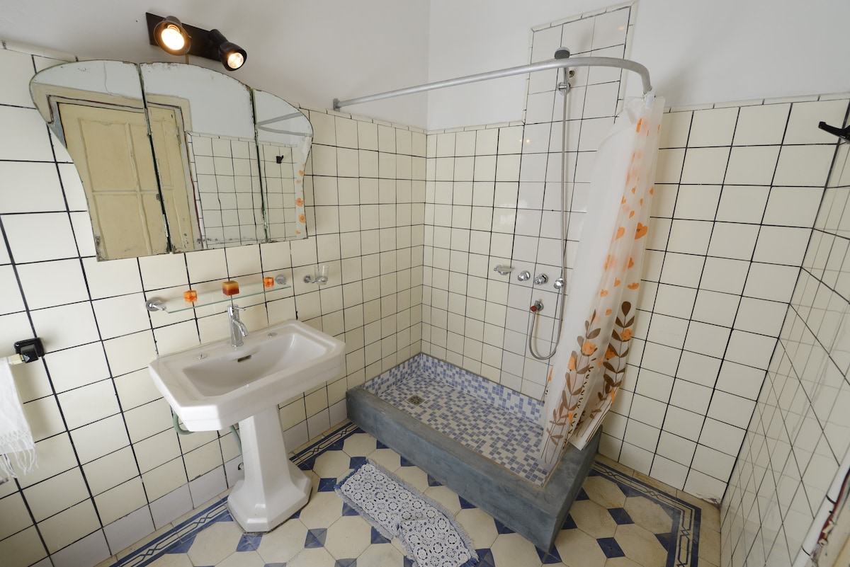 A bathroom is shown, featuring white tiled walls with a decorative border. A shower with a transparent curtain and a mosaic style floor complements a pedestal sink beneath an oval mirror. Natural light is provided through a small window.