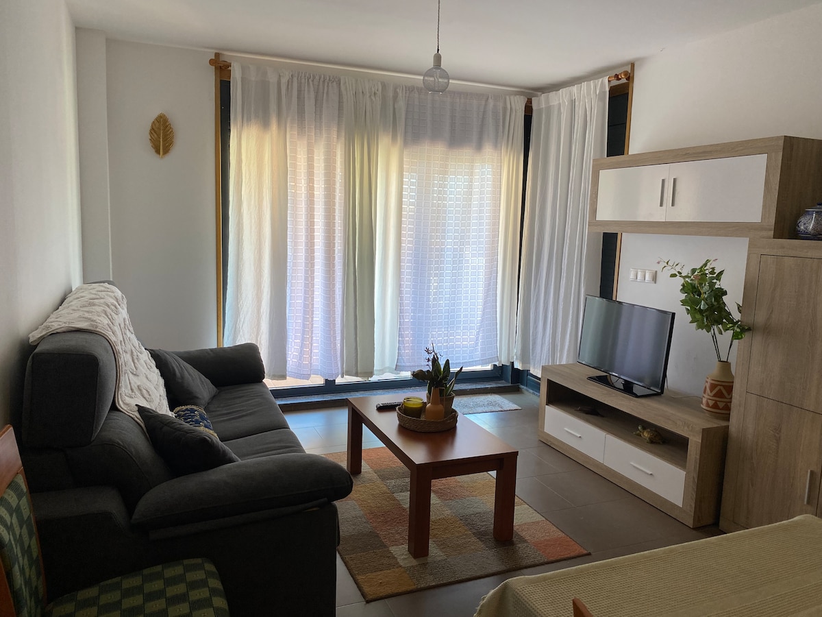 A comfortable living area features a dark sofa and a wooden coffee table placed on a patterned rug. Large windows adorned with light curtains allow natural light to fill the space. A television is positioned on a white media console beside a decorative plant.