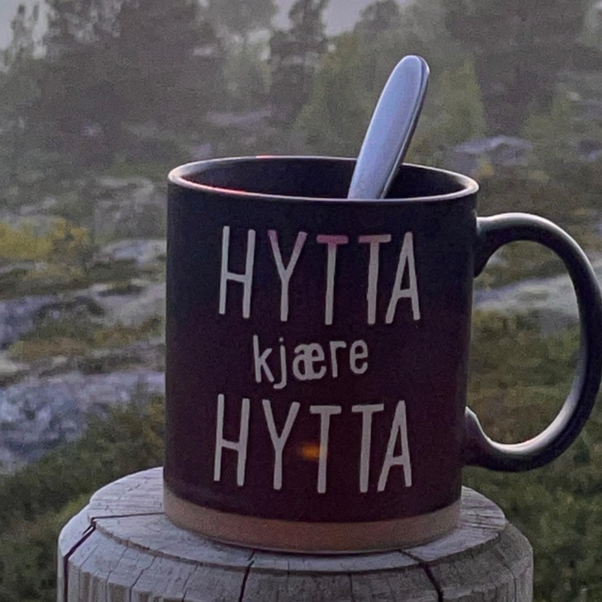 A coffee mug with the words 'HYTTA kjære HYTTA' is placed on a wooden post. The background features a serene natural landscape with trees and rocks, signifying a peaceful outdoor setting.