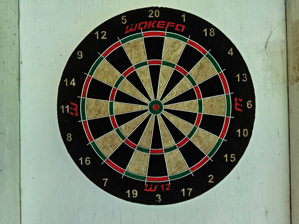 A standard dartboard is mounted on a white wall. The circular board features alternating black and tan sections, with numbered scoring areas clearly marked in red and green. A central bullseye accentuates the board, inviting players to enjoy a game.