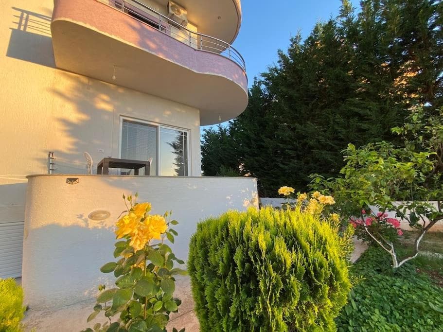 A modern building features a curved balcony and large glass window on the second floor. Surrounding greenery includes a neatly trimmed shrub and blooming yellow roses, creating a tranquil outdoor setting under soft evening light.