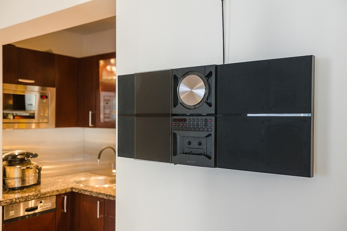 An audio system mounted on a light wall is visible, featuring a central disc player, buttons, and a volume dial. The equipped kitchen with dark wooden cabinetry and stainless steel appliances can be seen in the background, showcasing a modern design.