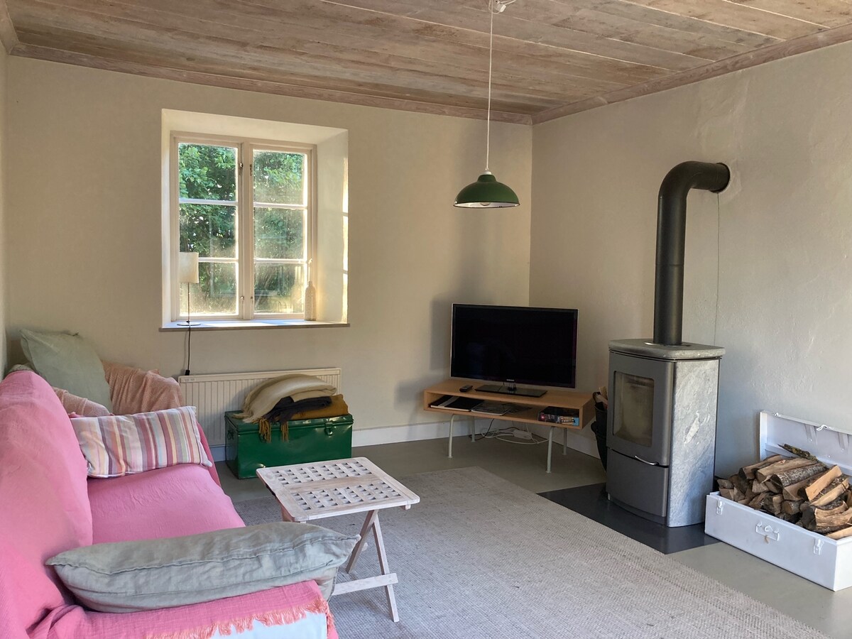 A light and airy living room features a pink sofa and a wooden coffee table. A flat-screen TV rests on a modern console, while a metal wood stove stands in the corner. Natural light enters through a large window, illuminating the soft rug on the floor.