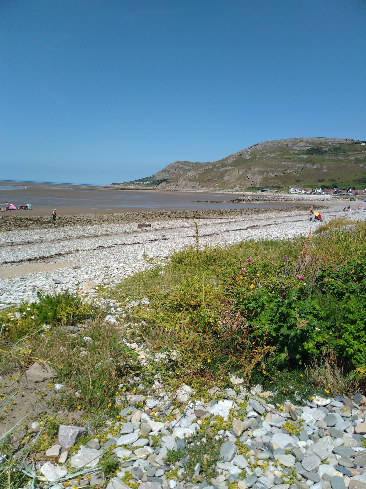 A sandy beach stretches along the shoreline, framed by pebbles and coastal vegetation. A gentle slope leads up to a distant hill, while a few people can be seen enjoying the beach. The clear blue sky creates a serene atmosphere above the scene.