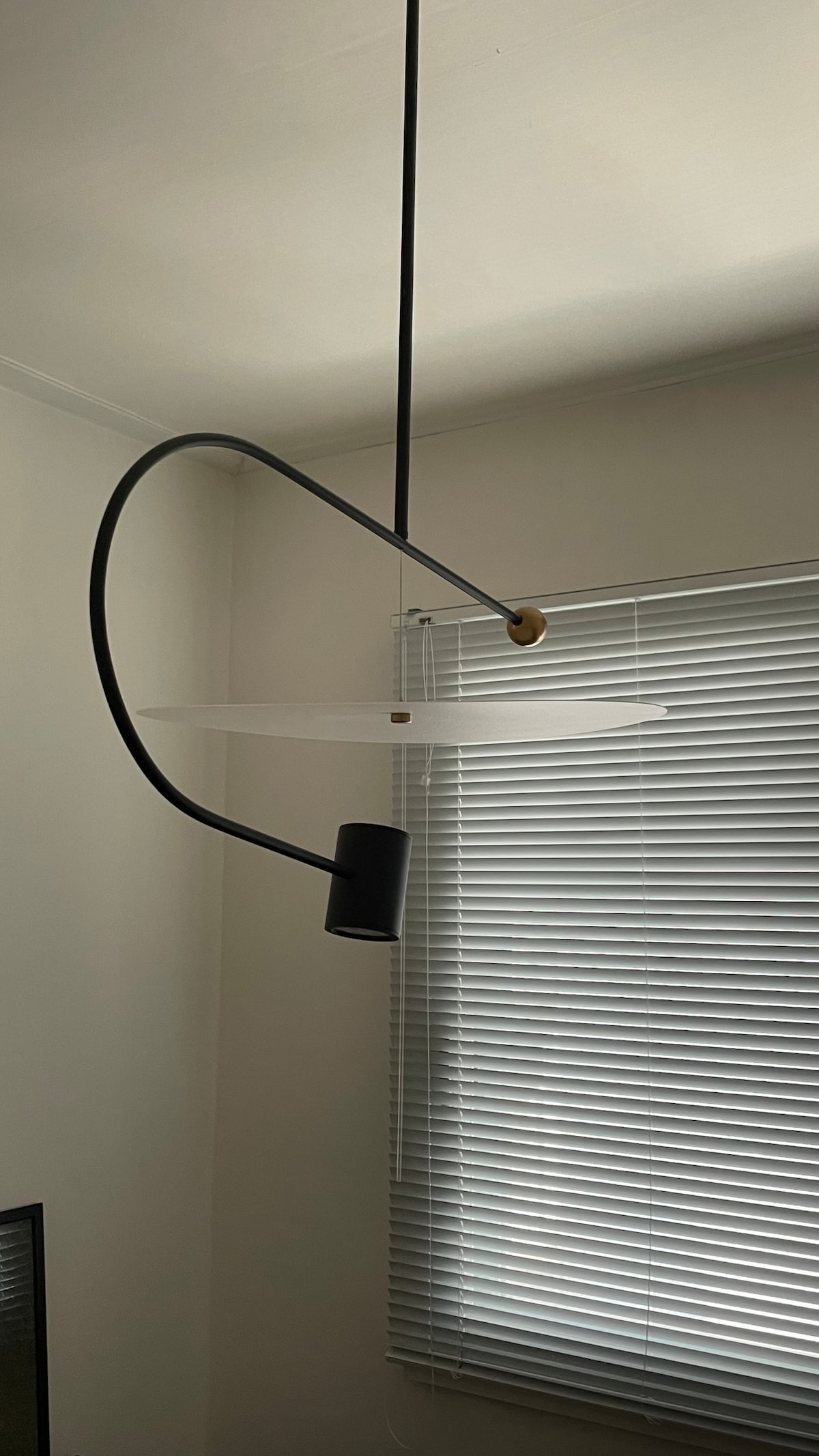 A modern pendant light features a black and white design with a streamlined shape. The light hangs from the ceiling by a thin cord, illuminating the space below. A window with horizontal blinds is visible in the background.