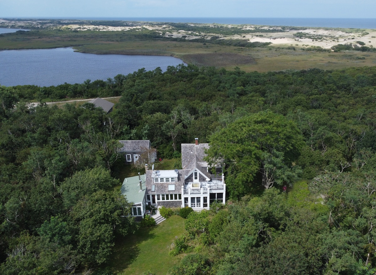 An aerial view captures the neoclassical home surrounded by lush greenery, with a glimpse of nearby dunes and a tranquil water body in the background. The expansive lawn features mature trees, complementing the property’s natural setting.