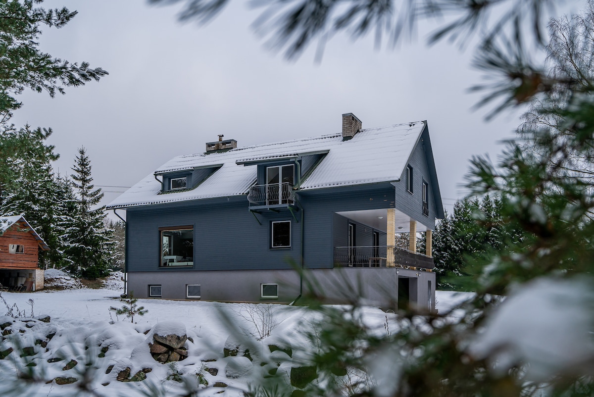 The exterior of a modern house with a gray facade is surrounded by snow-covered trees. A balcony juts out from the upper level, while large windows allow natural light to enter. The scene conveys a serene winter atmosphere, complemented by the soft snow blanket.