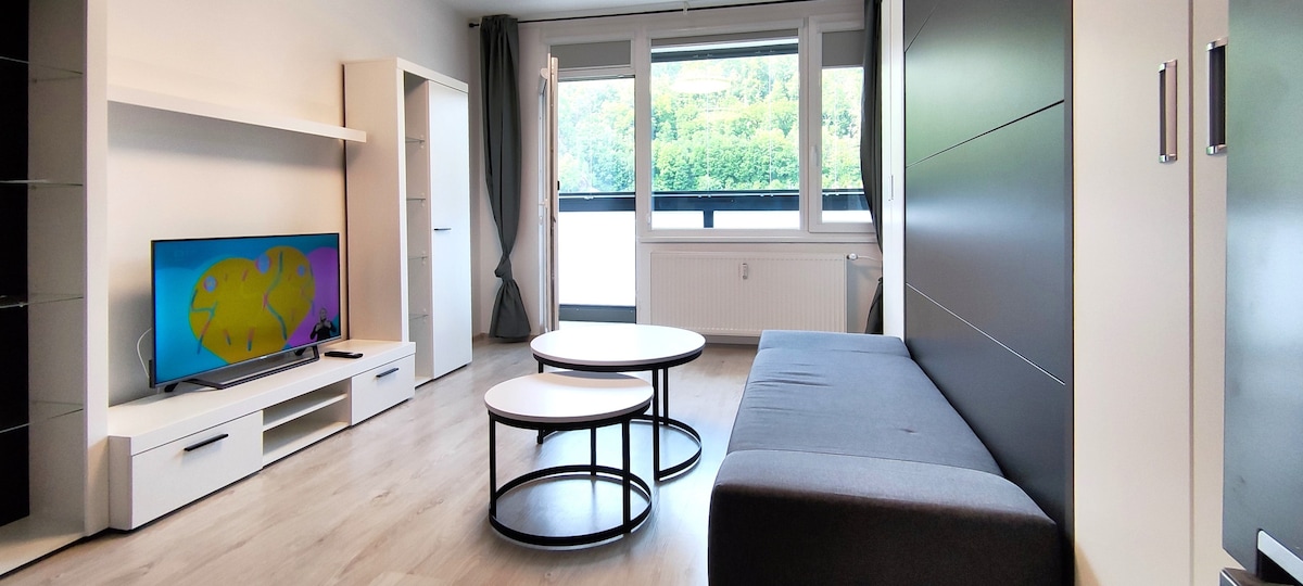 A spacious living area is featured, showcasing a comfortable grey sofa and two round coffee tables. A large window offers natural light and a view of the greenery outside, while a TV is positioned on a modern entertainment unit against the wall.