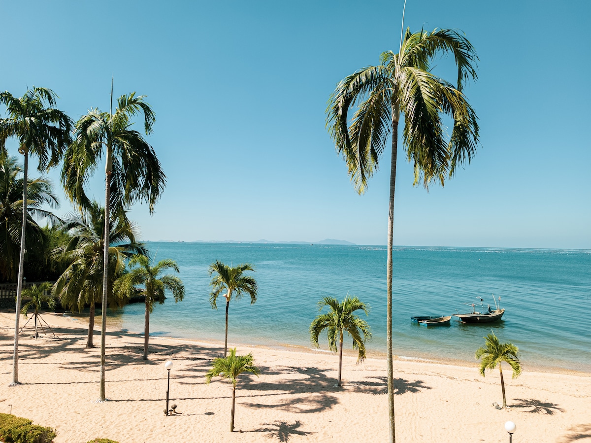 A serene beachfront view is presented with soft, sandy shores bordered by swaying palm trees. The clear blue water stretches toward the horizon, where a small fishing boat is anchored, completing the tranquil coastal scene.