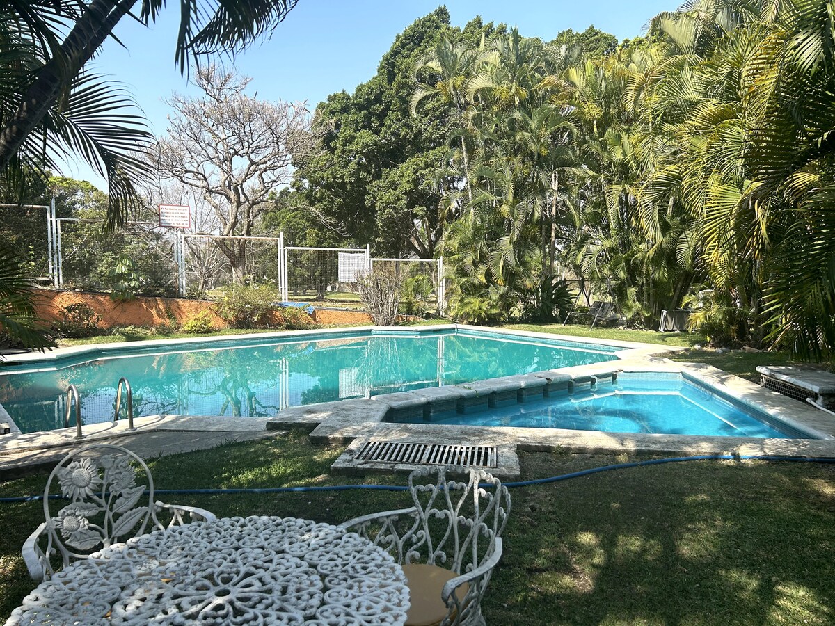 A shared swimming pool is nestled among lush greenery, featuring both a large rectangular area and a separate smaller section. A decorative table with intricate metalwork is positioned nearby, providing a tranquil outdoor space surrounded by palm and other tropical plants.