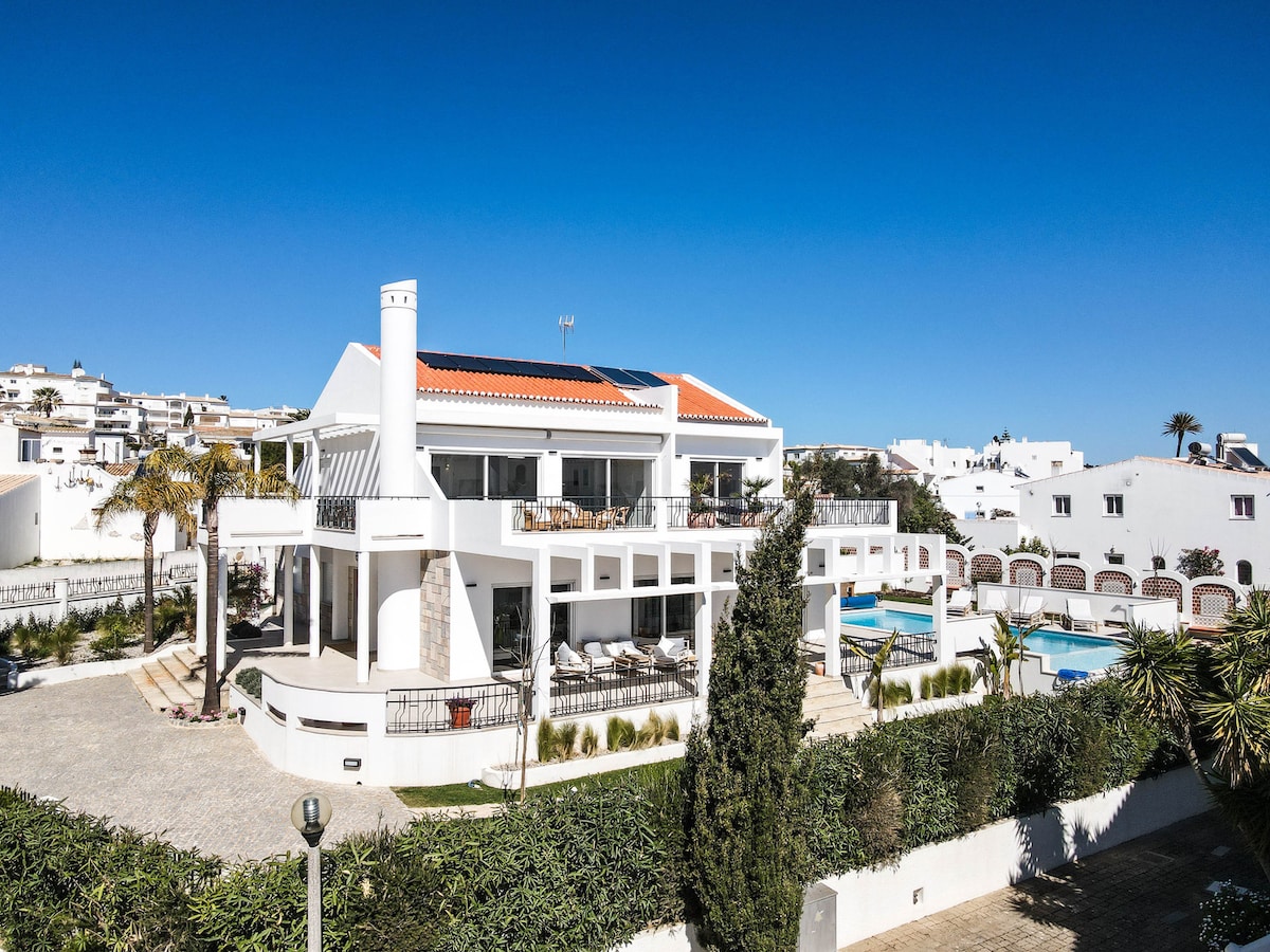 The exterior of the property showcases a modern two-story house with a terracotta roof and expansive terrace. Palm trees and manicured landscaping frame the space, while a salt-water pool is visible at the rear. The clear blue sky enhances the overall setting.