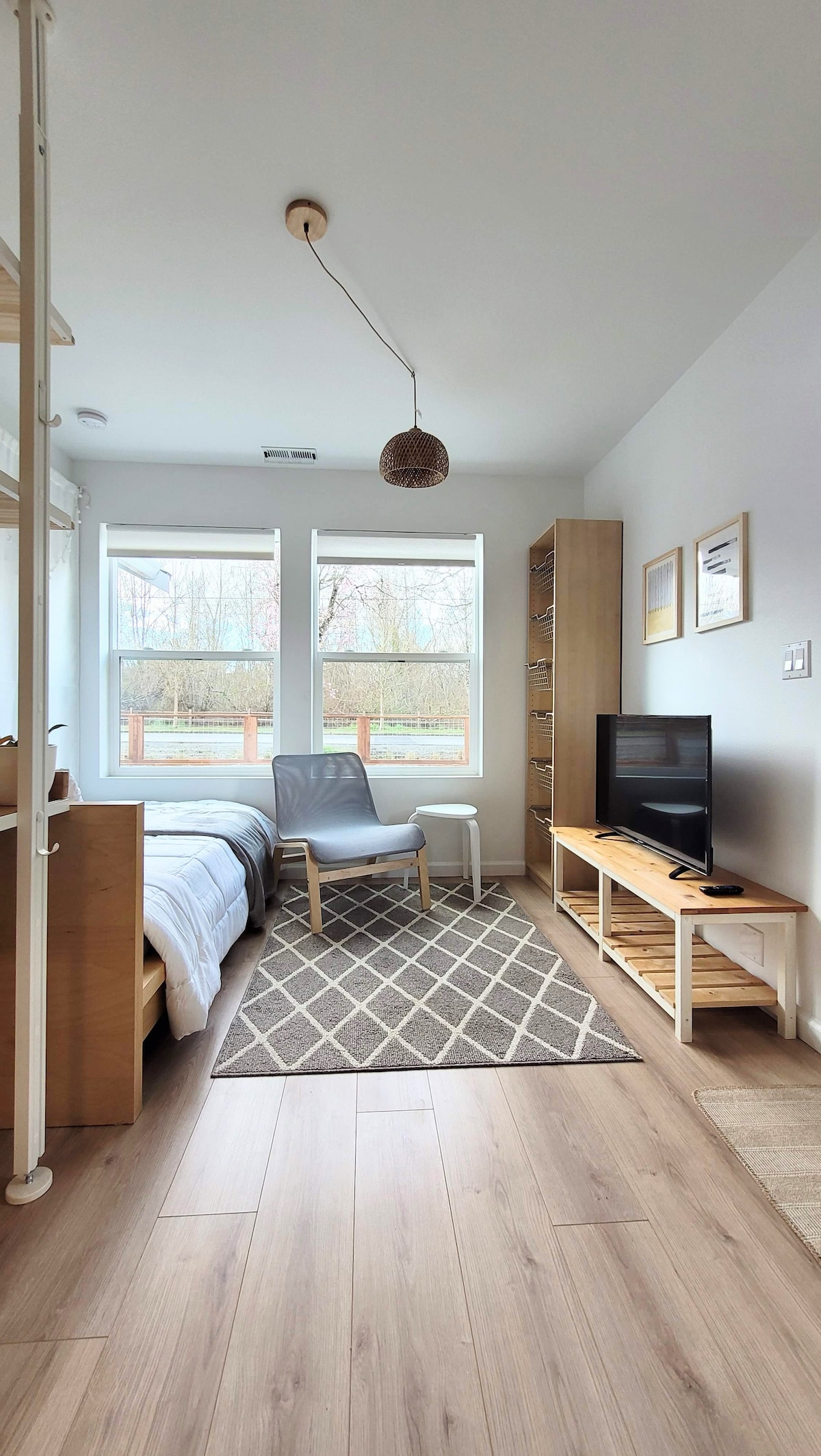 The studio features large windows that allow natural light to fill the space. A cozy twin bed is complemented by a comfortable chair on a patterned rug. A TV and a storage unit are positioned across from the seating area, creating an inviting atmosphere.