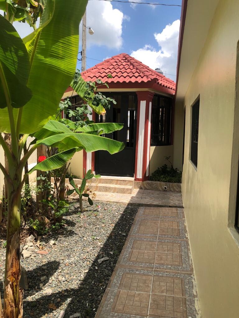 A welcoming entrance is surrounded by lush greenery, with tall banana plants lining the pathway. Stone tiles lead towards a door with large windows, framed by red and white accents. Bright sunlight illuminates the area, highlighting the well-maintained landscape.