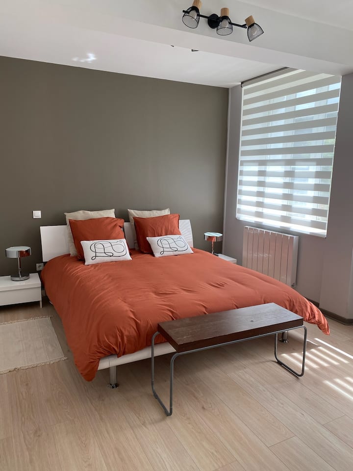 Chumba cha kulala na matandiko ya kumbukumbu katika 160. TV, kifua na kabati.