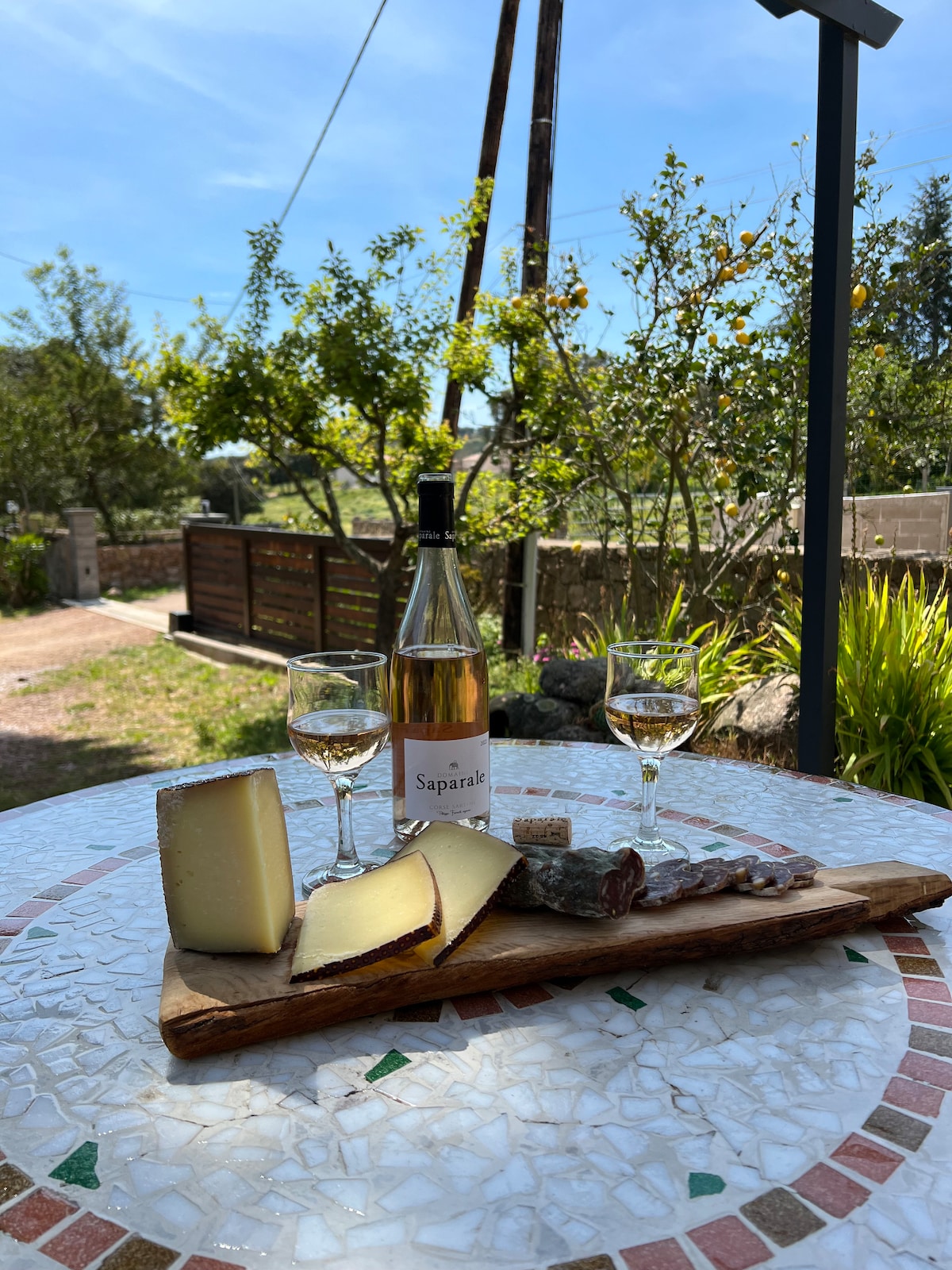 An outdoor table is set with a wooden platter displaying an assortment of cheeses and cured meat. Two glasses containing white wine are positioned nearby. A backdrop of lush greenery and a gravel path create a serene setting, under a clear blue sky.