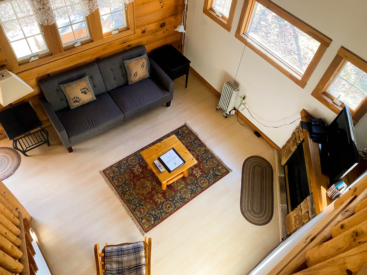 The living area features a cozy gray sofa facing a wooden coffee table, which rests on a decorative rug. Natural light enters through multiple windows, highlighting the wooden walls and the inviting fireplace. A chair and a small side table complement the space.