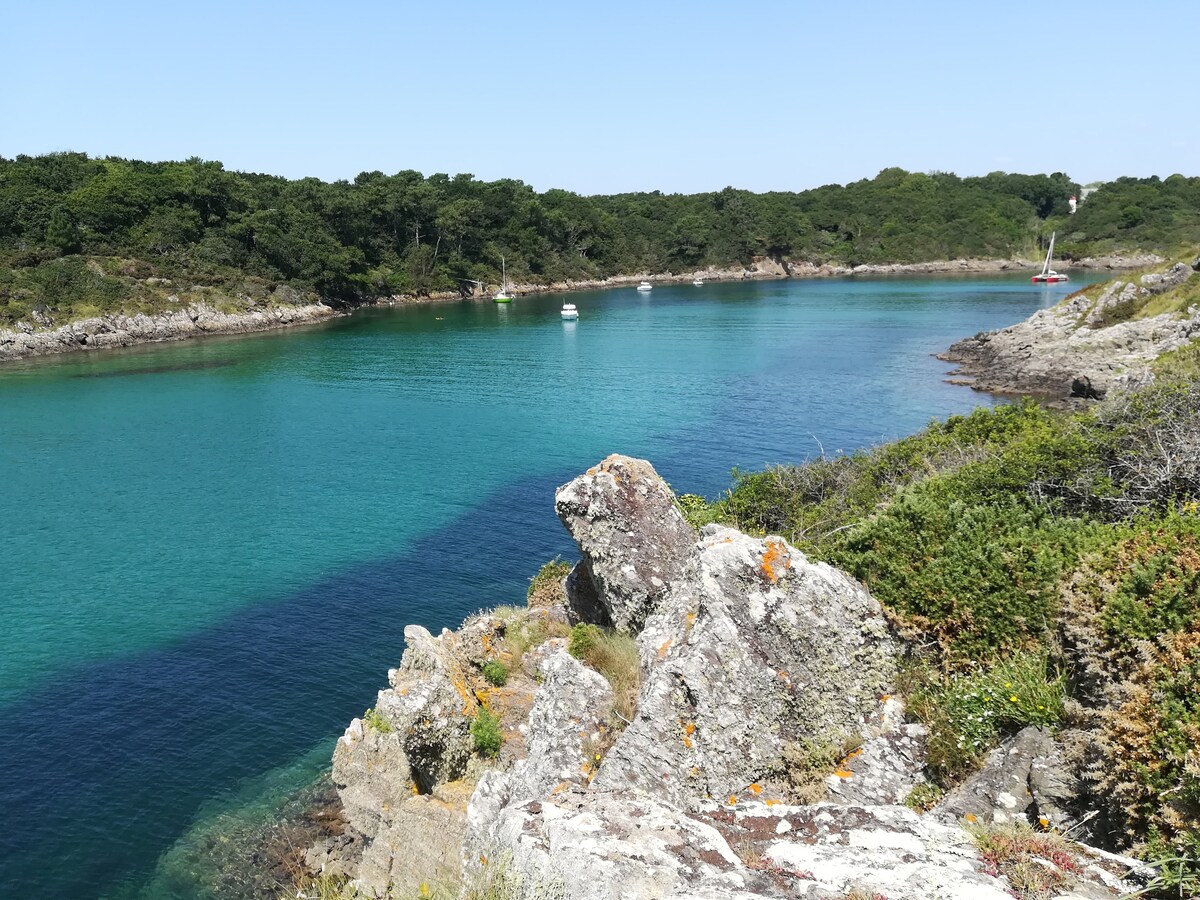 A calm estuary is framed by rocky outcrops and lush greenery. The water displays vibrant shades of turquoise, with several boats gently floating in the serene scene. The shoreline is dotted with hardy vegetation, and a clear blue sky complements the tranquil waters.