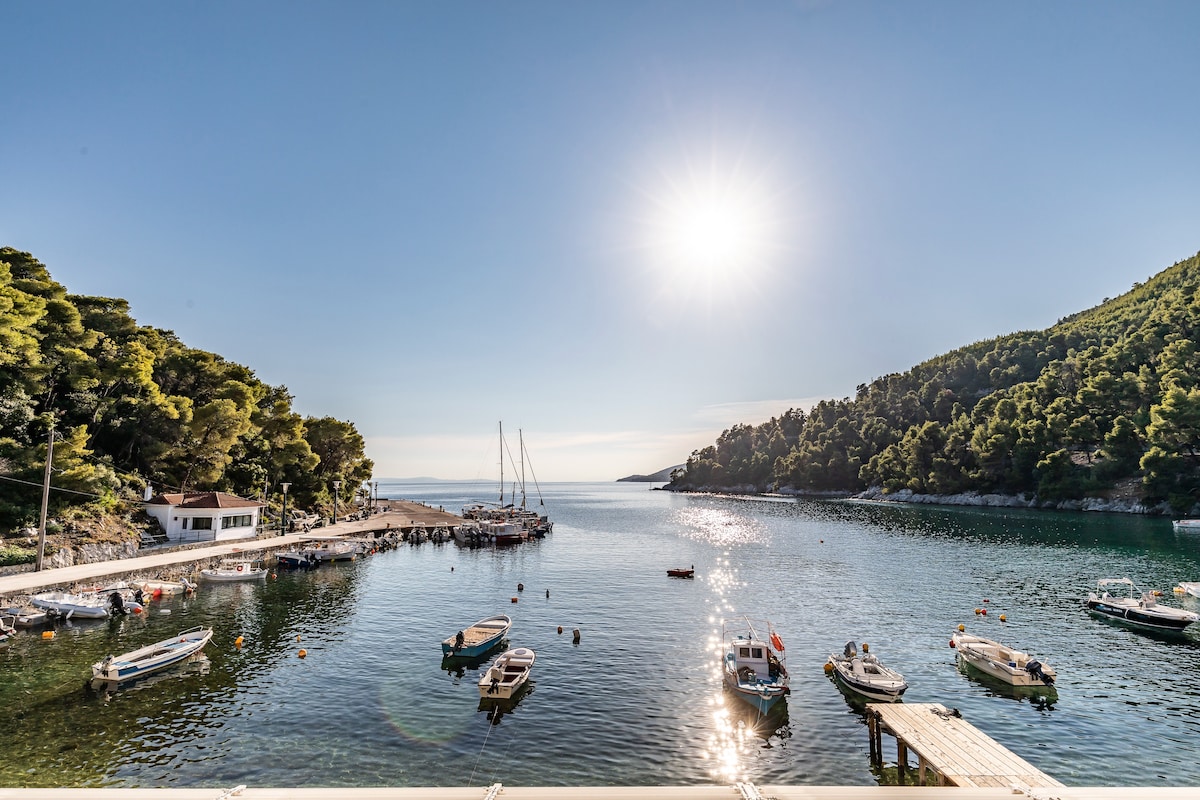 A serene coastal scene features a clear bay filled with boats floating gently on the water. Sunlight glistens off the surface, while lush green hills rise in the background. A small dock extends into the water, bordered by a white building along the shore.