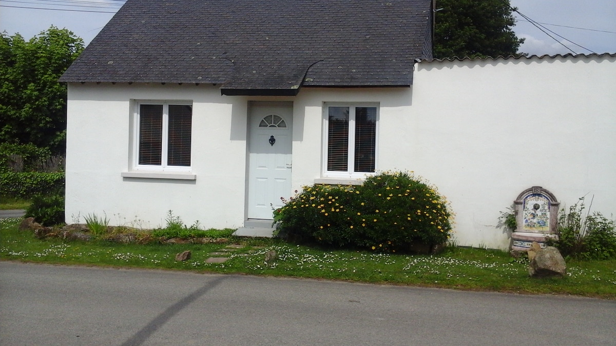 The exterior of a charming village home is presented, featuring a white facade with a sloped dark roof. Two windows flank the entrance door, surrounded by greenery and decorative plants. A small stone feature is visible on the right, enhancing the inviting entryway.