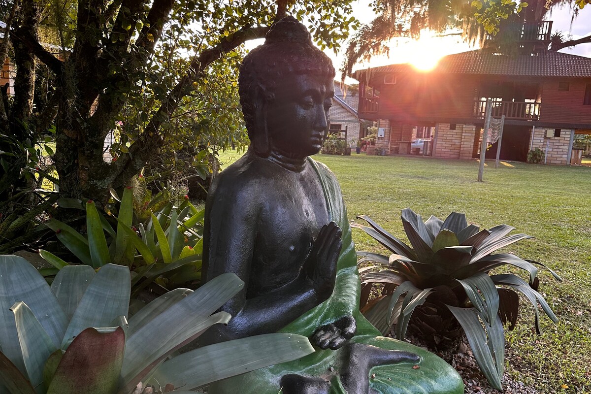 A serene Buddha statue is surrounded by lush greenery, with large, leafy plants positioned nearby. The sun sets in the background, casting a warm glow over the tranquil scene. This space encourages reflection and connection with nature.