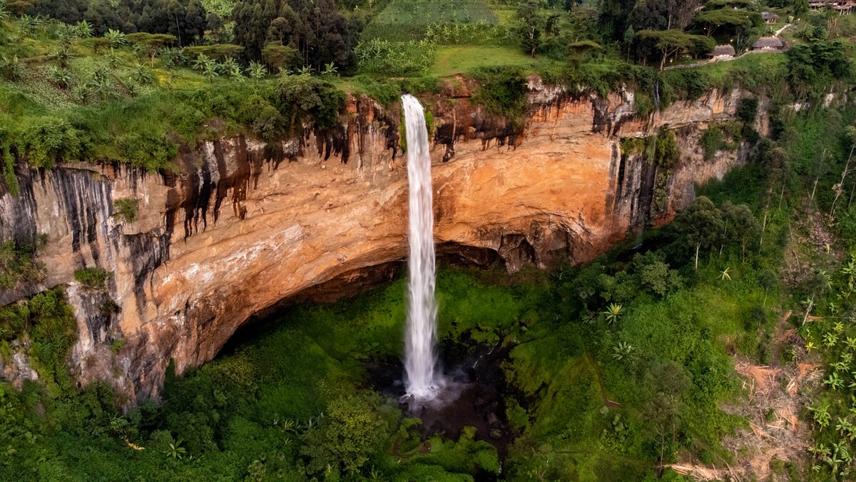 A striking aerial view captures a majestic waterfall cascading down a rocky cliff, surrounded by lush greenery. The vibrant landscape showcases diverse vegetation and rocky terrain, creating a natural frame around the water as it falls into a serene pool below.