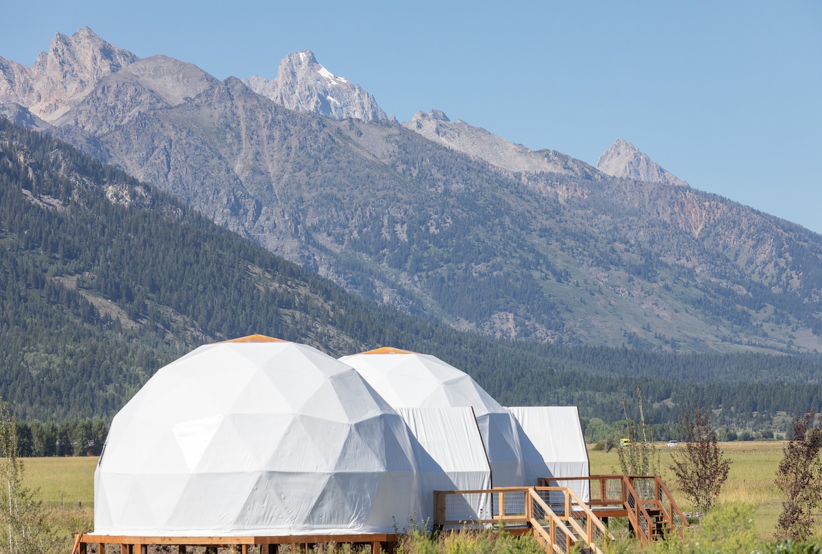 Two geodomes are positioned on a wooden deck, with a backdrop of majestic mountains. The white exteriors reflect sunlight, while the surrounding grassy area offers a serene natural setting. Clear skies highlight the domes' unique design against the stunning landscape.