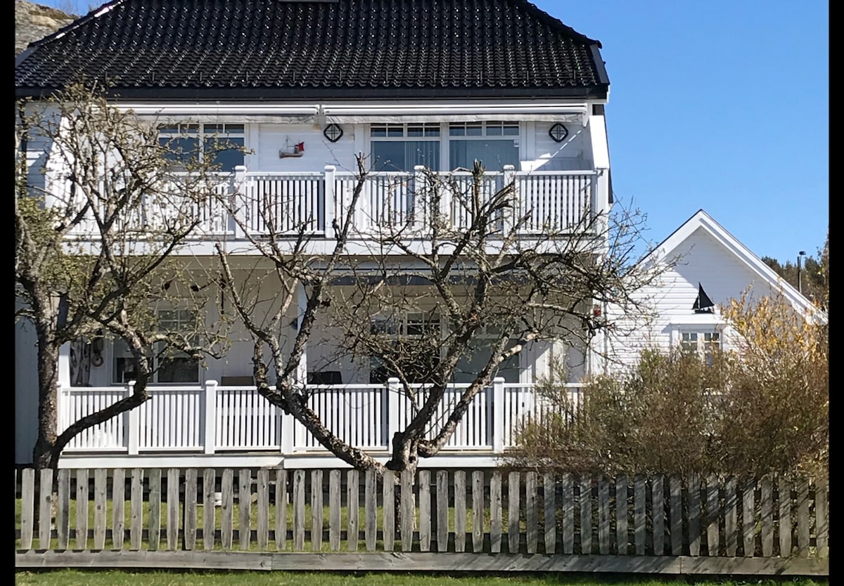The exterior of a two-story white house is highlighted, featuring a sloped black roof and multiple balconies adorned with railings. Leafless trees and shrubs surround the property, while a picket fence encloses the front yard.