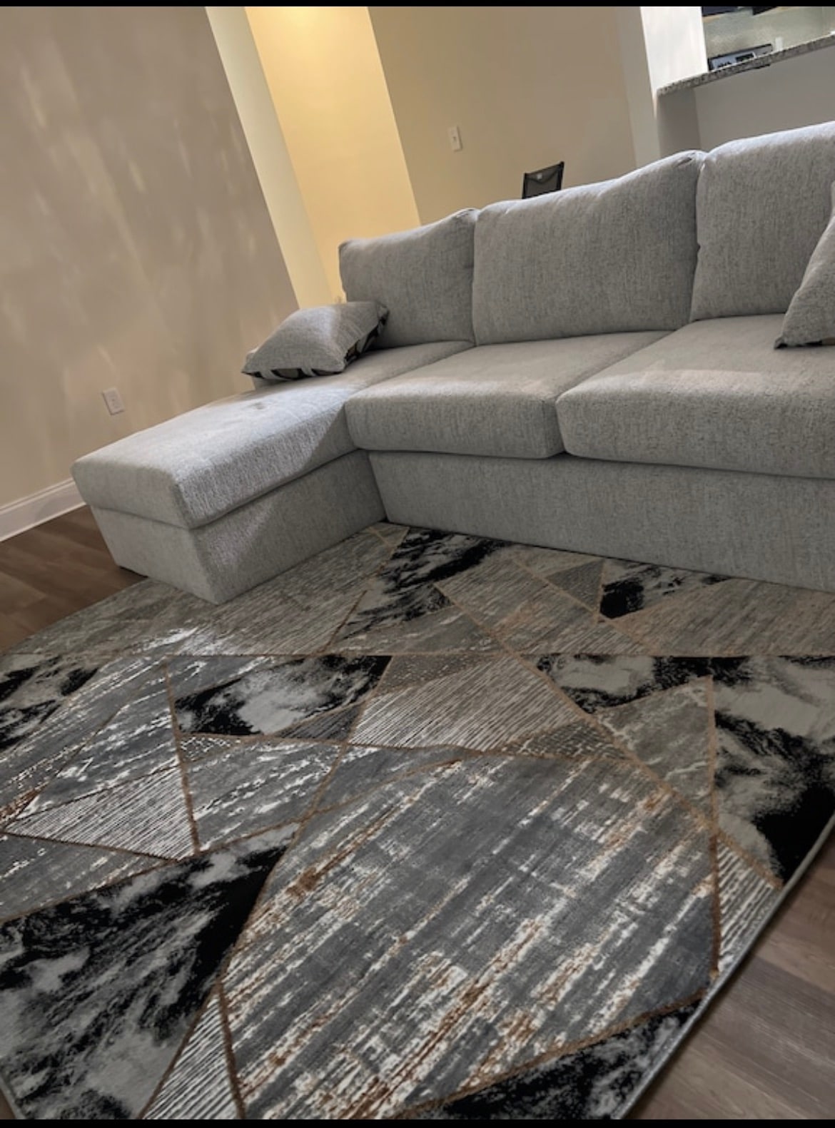 A modern sectional sofa is positioned adjacent to a stylish area rug. The rug features a geometric pattern in muted colors, including shades of gray and gold, adding texture to the space. Natural light quietly enhances the room's ambiance.