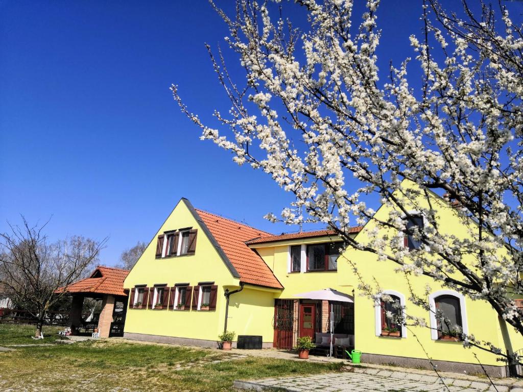 A two-story yellow house with a red-tiled roof is shown against a clear blue sky. The building features multiple windows, and flowering trees are visible in the foreground, adding a touch of nature to the scene.