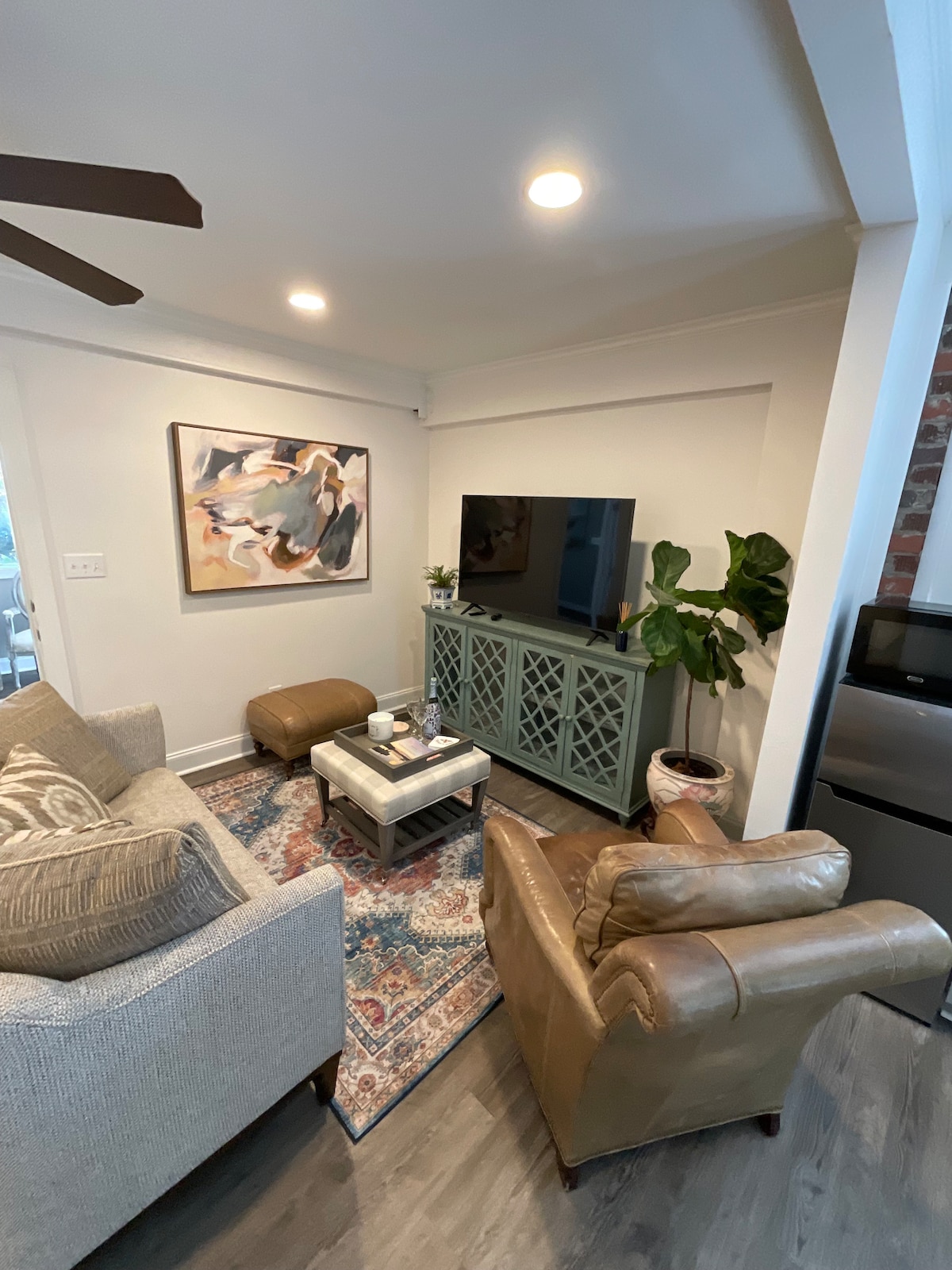 A cozy living area features a plush sofa and armchair situated around a coffee table, with a colorful area rug adding warmth. A mounted flat-screen TV is positioned against a light green cabinet, while a potted plant adds a touch of greenery to the space.