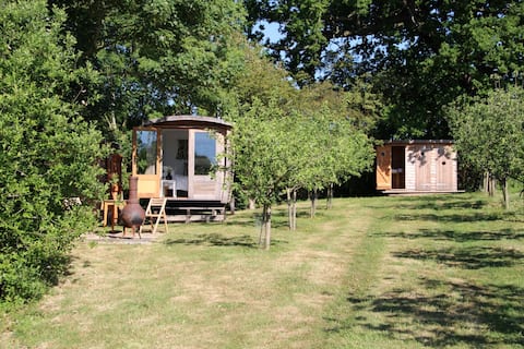 Popular Airbnb listing: The Orchard Wagon - shepherds hut near Southwold in East Suffolk