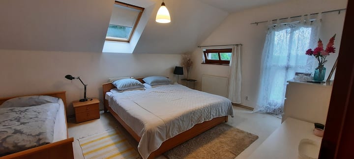 Chumba cha kulala mara mbili cha mgeni na kitanda cha ziada cha mtu mmoja ikiwa inahitajika. 