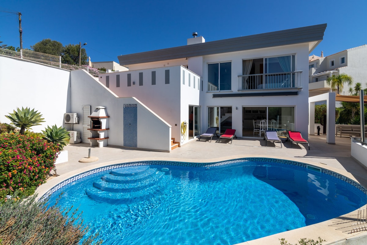 The villa features a private pool with gentle steps leading into the water. Sun loungers and a shaded area surround the pool, while a neatly landscaped garden with greenery enhances the outdoor space. The modern exterior is complemented by large windows, providing ample natural light.