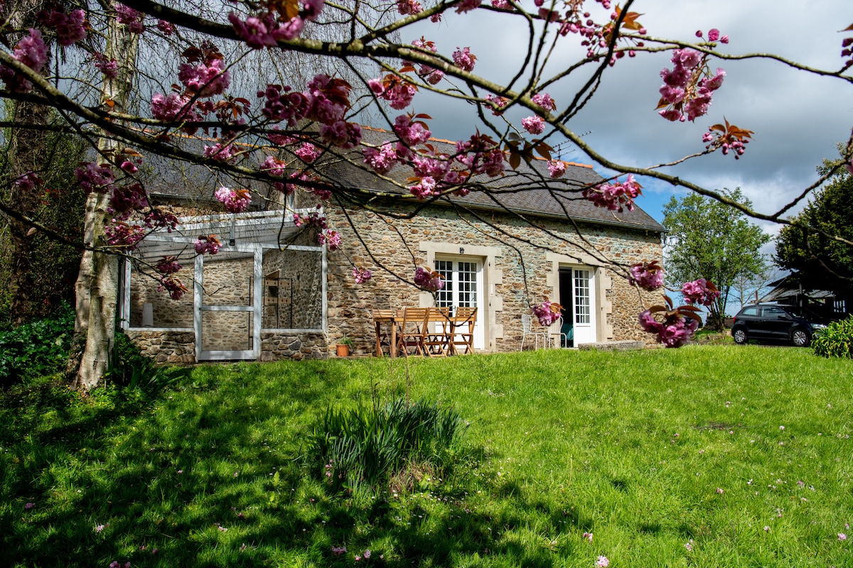 The exterior of a stone house is framed by blooming cherry blossoms, presenting a serene garden space. A wooden table and chairs are positioned on a grassy area in front of the house, which features large glass doors that open to the outdoors.
