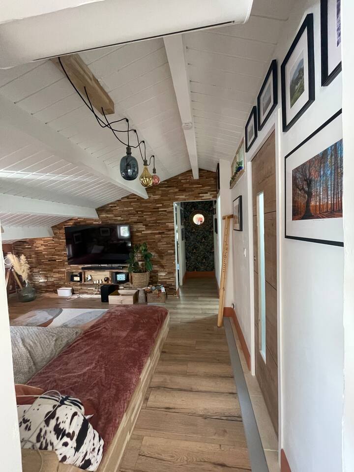 غرفة المعيشة على اليسار / الحمام على اليمين / المرحاض مع غرفة غسيل ثم على اليمين /غرفتا النوم في الخلف أمام الأخرى 