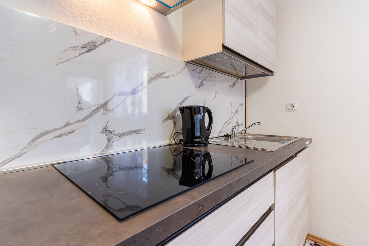 The kitchen area features a modern countertop with a sleek design, including a built-in induction cooktop and a stainless steel sink. A kettle is placed nearby, and the cabinetry is minimalistic with a light wood finish, enhancing the clean and functional appearance.