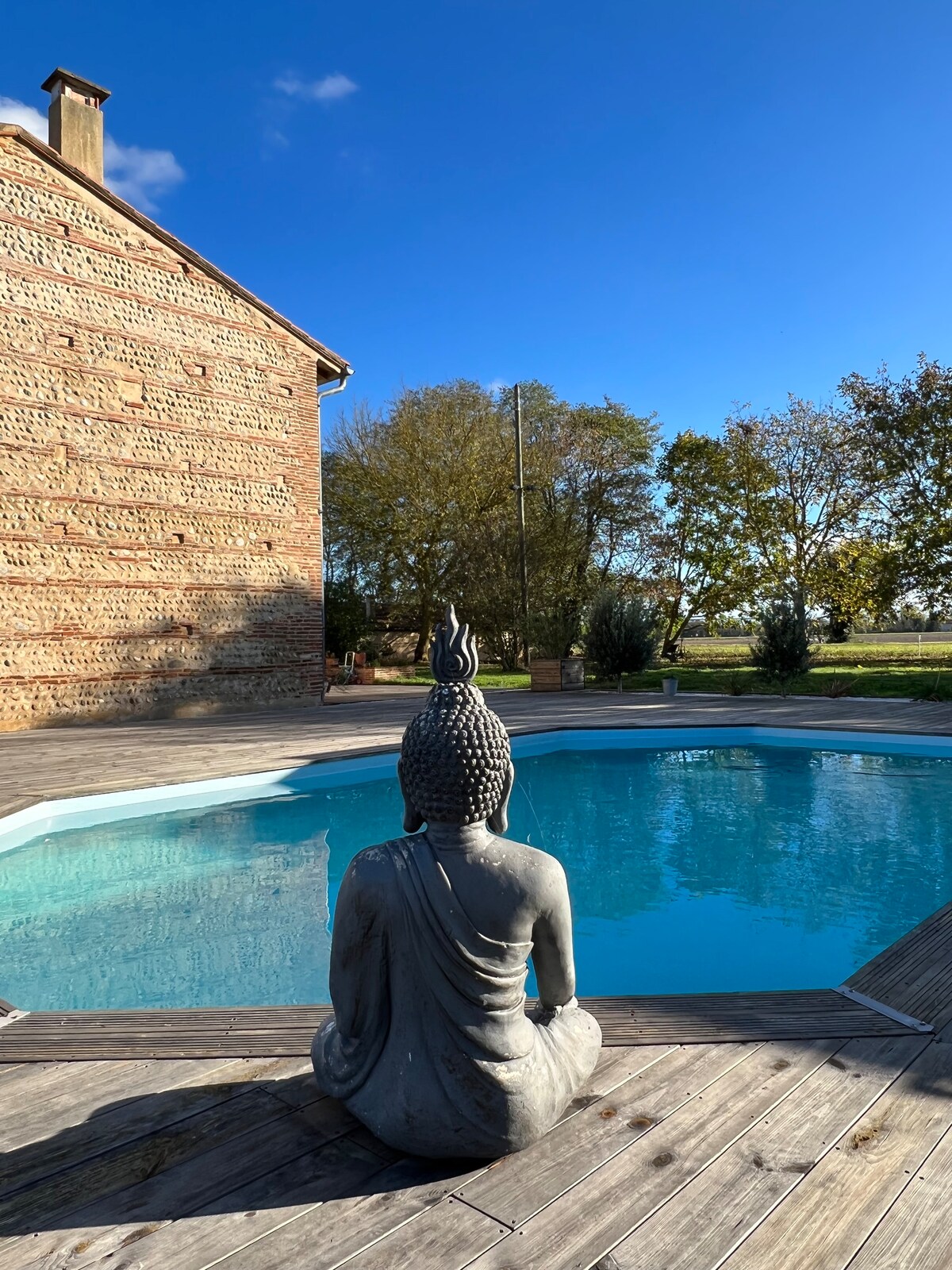 A serene pool area is framed by wooden decking, where a Buddha statue is positioned facing the tranquil blue water. Lush greenery and a rustic building provide a natural backdrop under a clear sky.