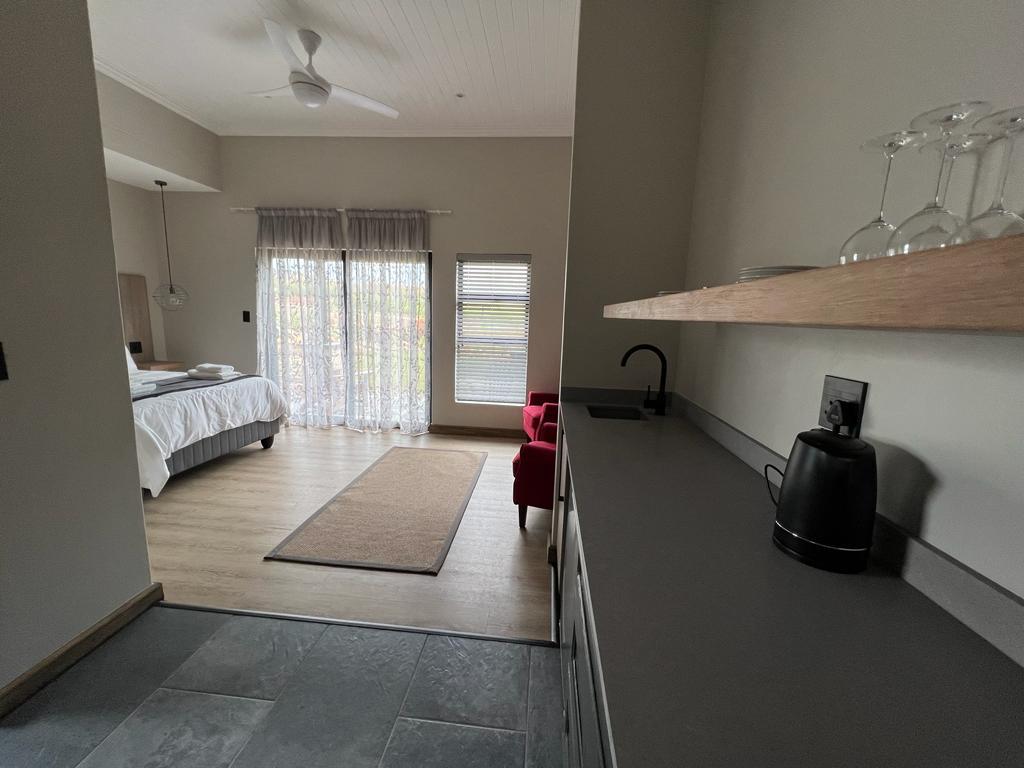 A spacious studio apartment showcases a kitchenette with modern appliances, including a kettle. A separate living area features a small rug and a seating area with two red chairs. Natural light filters through sheer curtains, illuminating the bedroom area with a king bed.