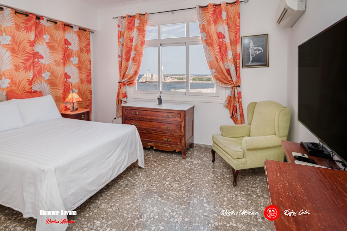 One bedroom with a double bed, 50 inch smart TV, safe for documents and money, hair dryer and air conditioning