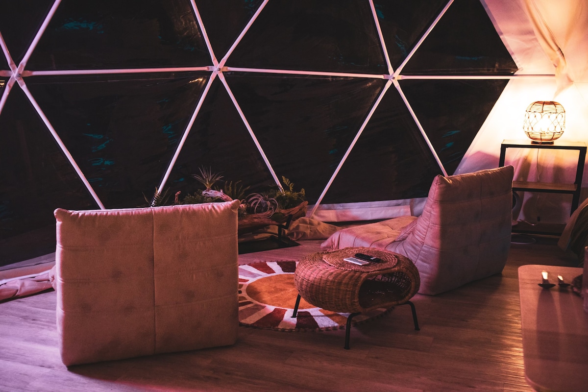 A cozy seating area is present inside the geodome, featuring two large cushioned chairs angled towards each other. A circular area rug lies on the floor, with a small coffee table positioned nearby. Soft lighting illuminates the space, highlighting the geometric windows.